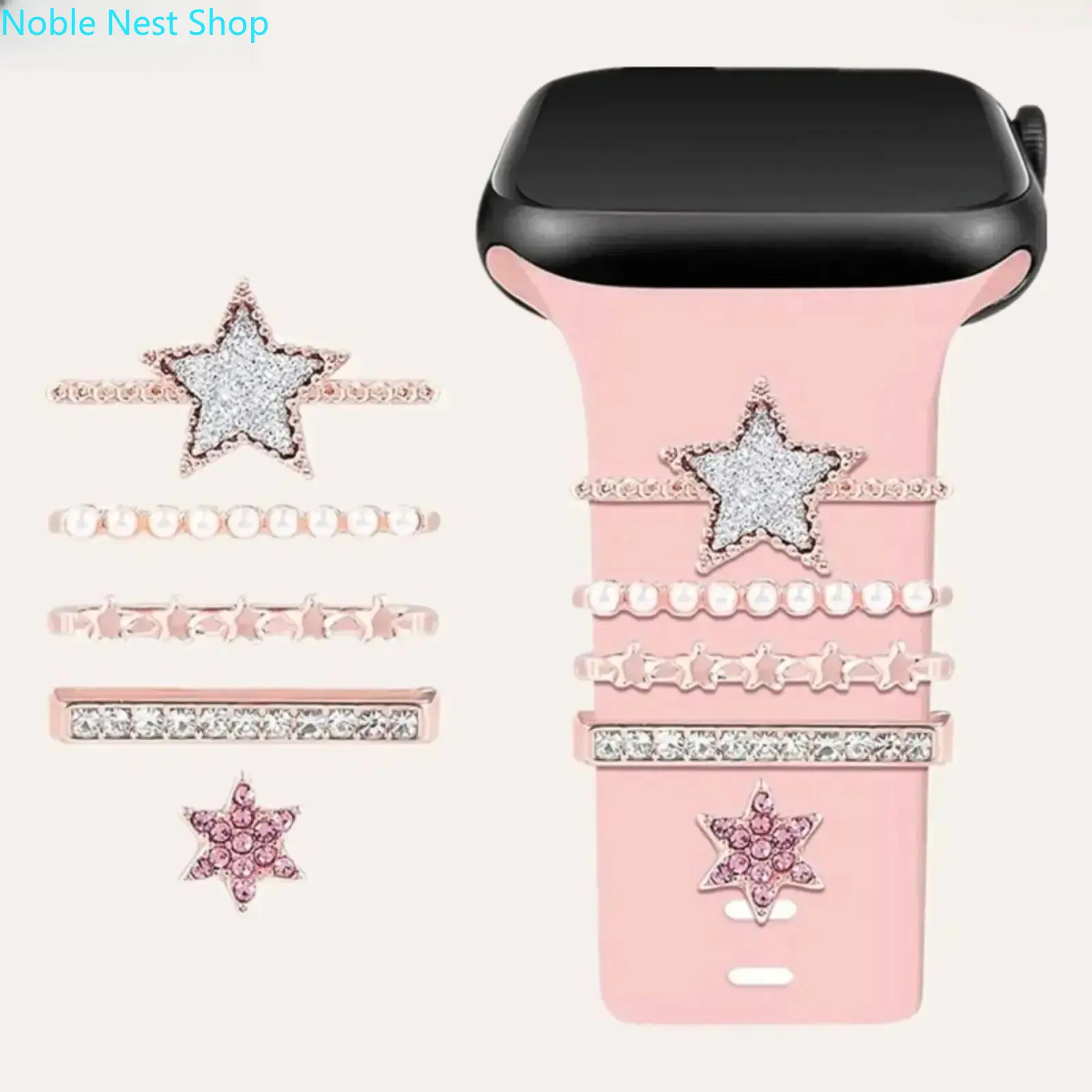 5 Pack Bling Star Rhinestone Pearl Watch Band Charms, Rose Gold Fashion Jewelry for Apple Watch