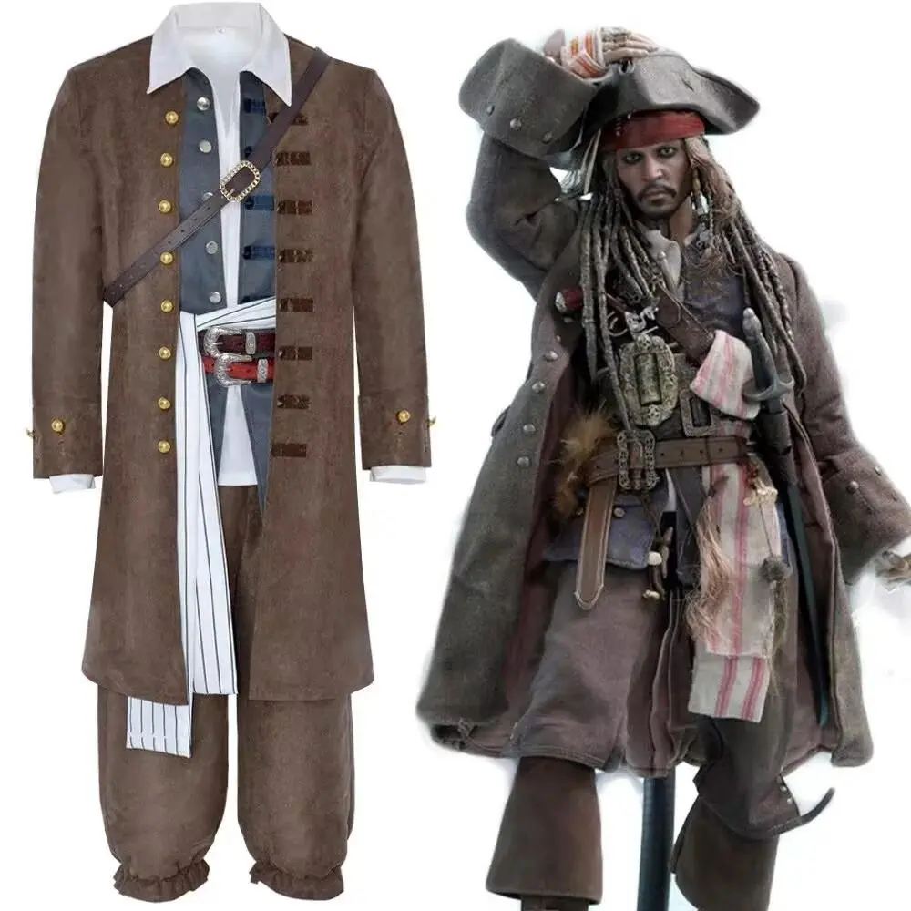 Movie Pirates Of The Caribbean Cosplay Costume Jack Sparrow Cosplay Full Set CostumeFor Men Adult