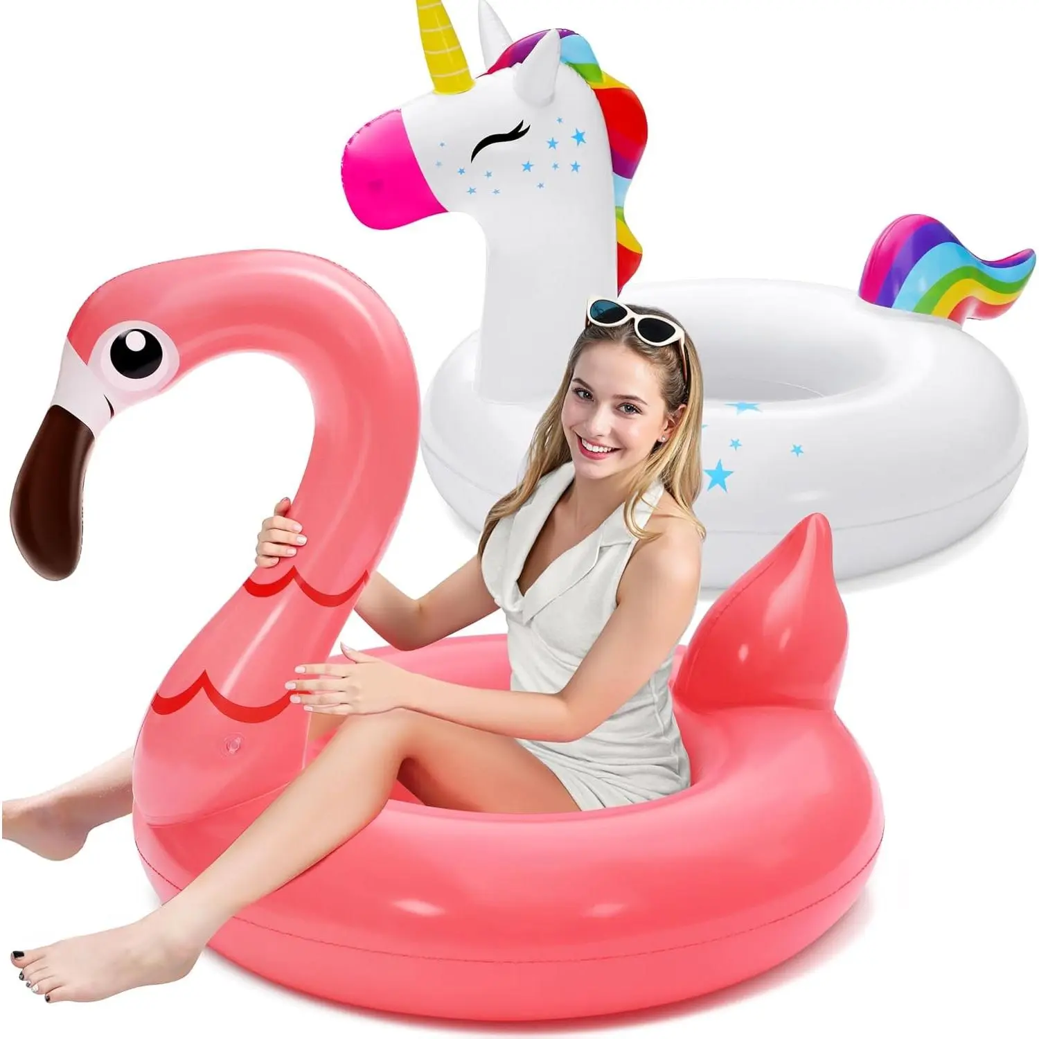 2-Pack Unicorn Flamingo Pool Floats - Inflatable Pool Floaties for Swimming Party Decorations, Fun Swim Rings Floating Tubes for Beach, Lake, Summer Vacation Floaty with Headrest for Adults and Kids