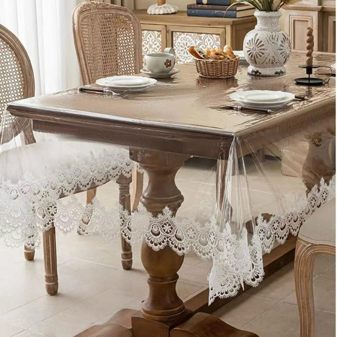 PVC Lace Edge Embroidered Transparent Tablecloth, French Romantic Waterproof Oil-Resistant Stain Resistant Oil Repellent, Square Rectangular, Home Wedding Party Decor, Dining Table