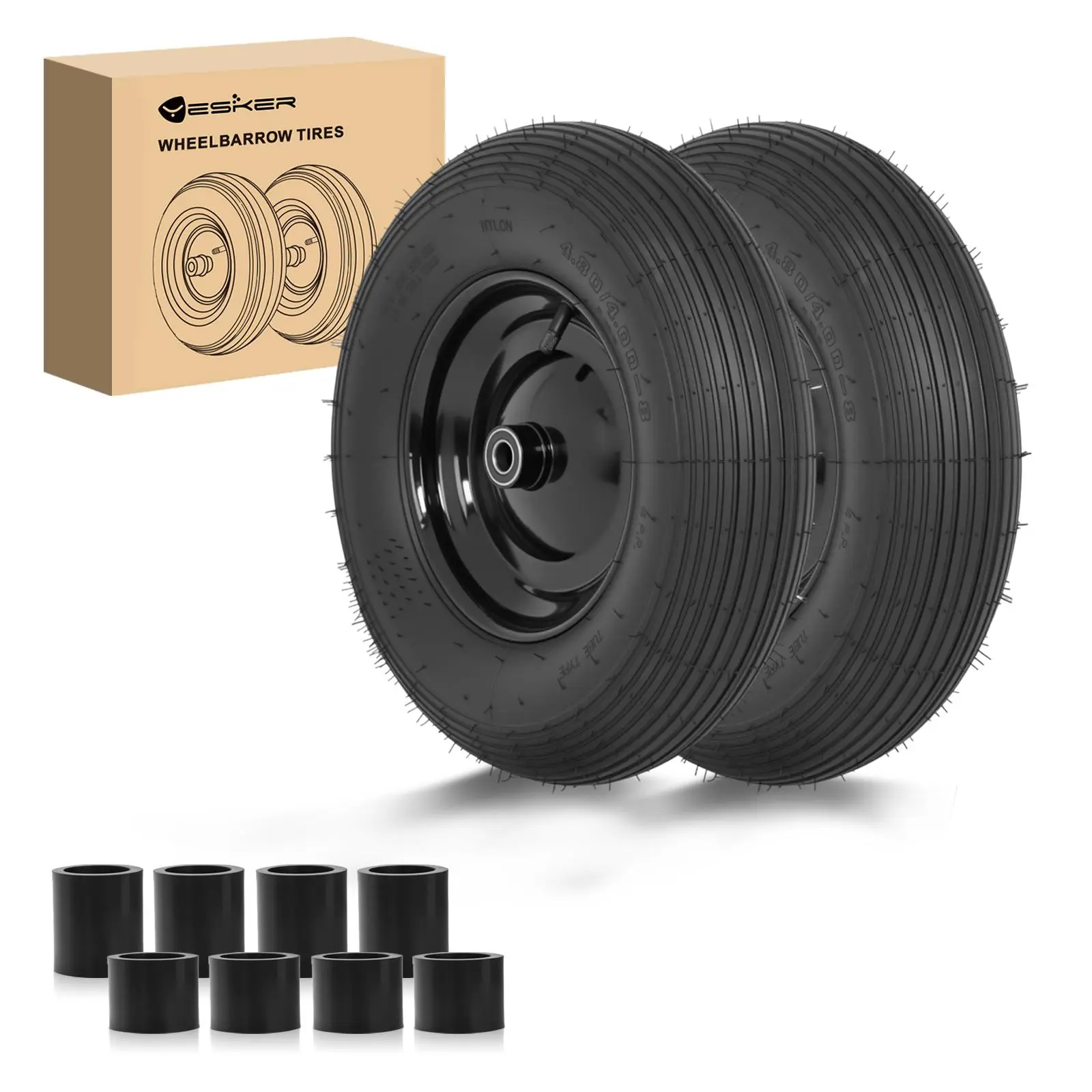 Yesker 4.80/4.00-8 Shock Absorption Pneumatic Tire & Wheel Replacement Set (2 Pack) - 16" Air-Inflated Tire Wheel with 5/8" Axle Bore for Wheelbarrow, Gorilla Cart