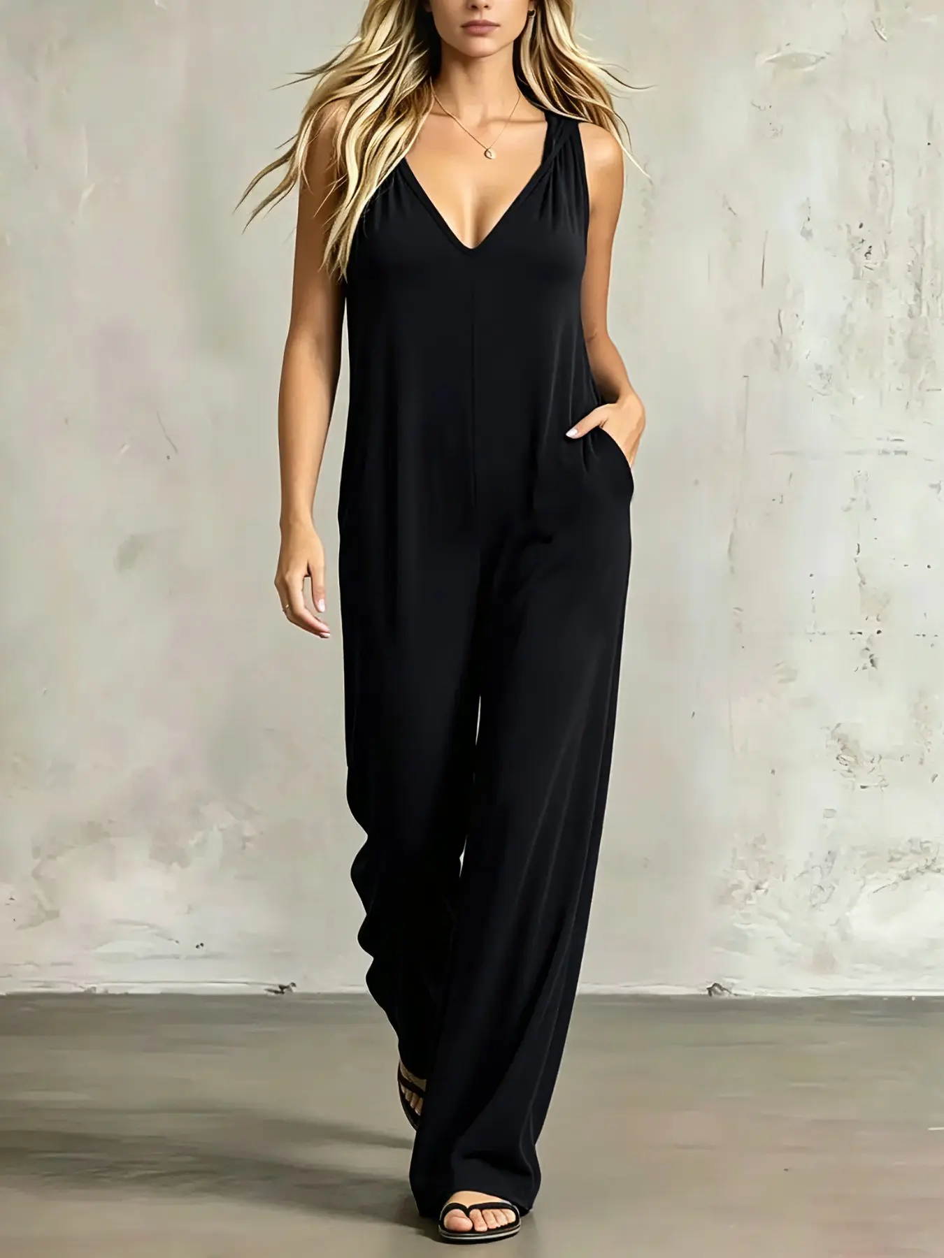 ST4060 From Sofa to Street, Sleeveless Deep V Romper, Loose Wide Leg Hooded + Side Pockets, Casual Home Sleepwear One-Piece