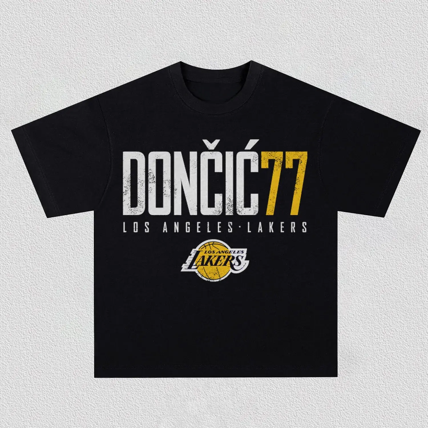 Retro Worn Texture Luka Dončić Number 77 Lakers Name Text Team Badge Print Loose Box Fit Unisex Sports Streetwear Black Casual Tee