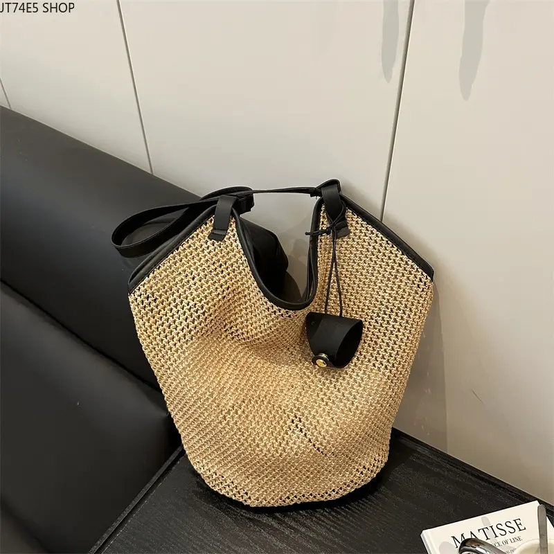 Women's 2026 New Oversized Hollow Weave Straw Tote Bag - Large Capacity, Open Top, Pastoral Look, Summer Seaside Vacation Leisure Shoulder Beach Bag, Oversized Shape, Breathable Holes