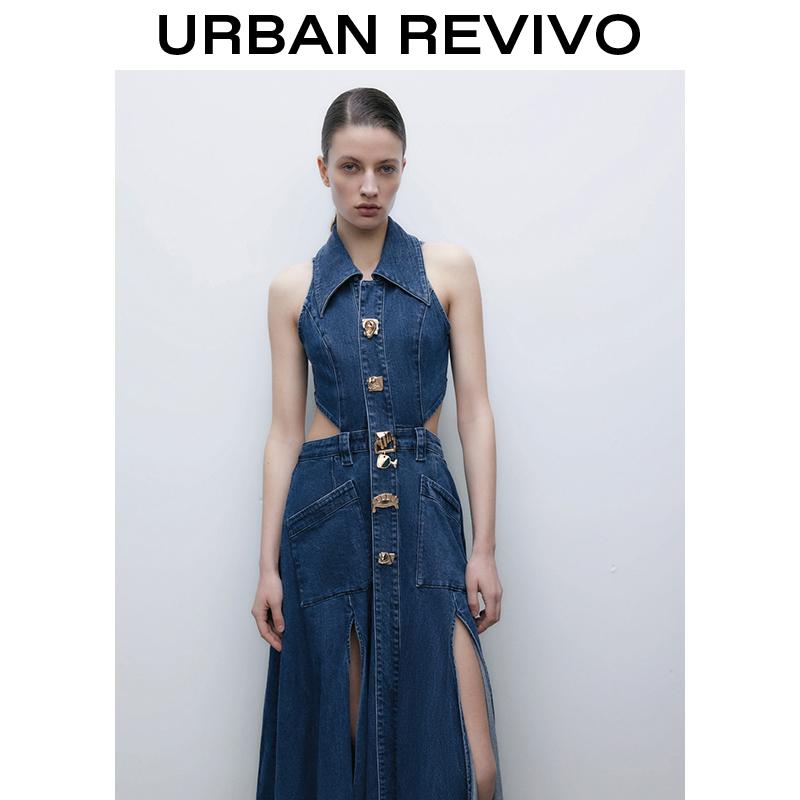 URBAN REVIVO Women's Casual Denim Dresses  Fashion Lapel Sleeveless Cut-Out Sides Slit with Big Pockets UWG850170