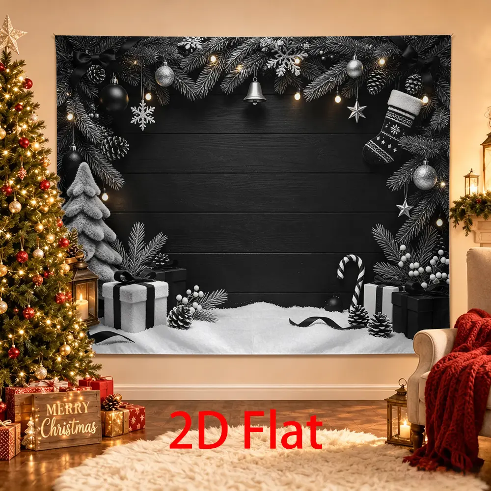 Black and White Christmas Flat Backdrop, Minimalist Rustic Wooden Look Photo Background with Gifts, Snowflakes, Pine, and Winter Snow