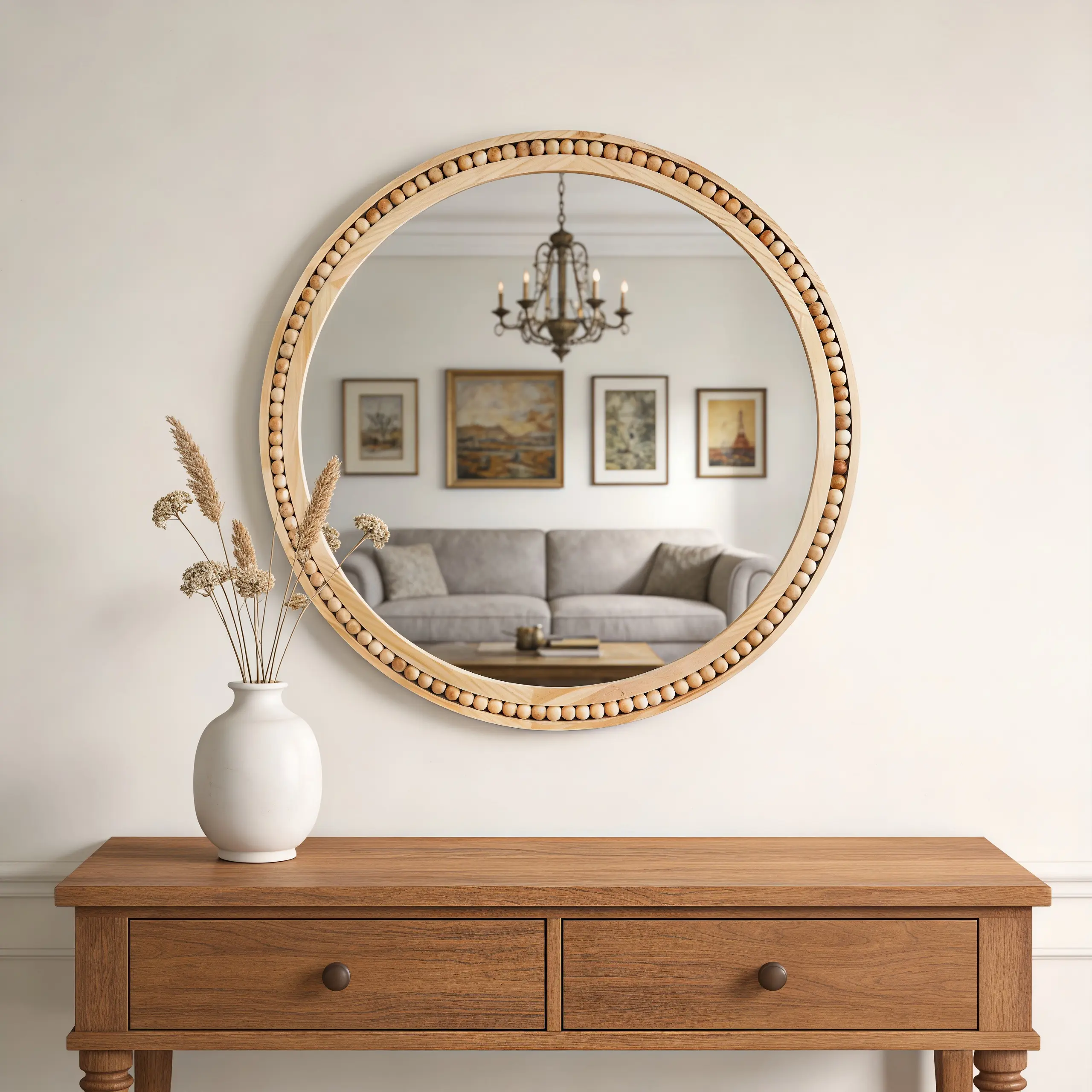 Nokaa 30 Inch Round Wall Mirror with Solid Wood Beaded Frame, Rustic Farmhouse Decor for Entryway, Bathroom, Living Room, HD Tempered Glass, Easy Install D-Ring Hooks, Natural Wood Color