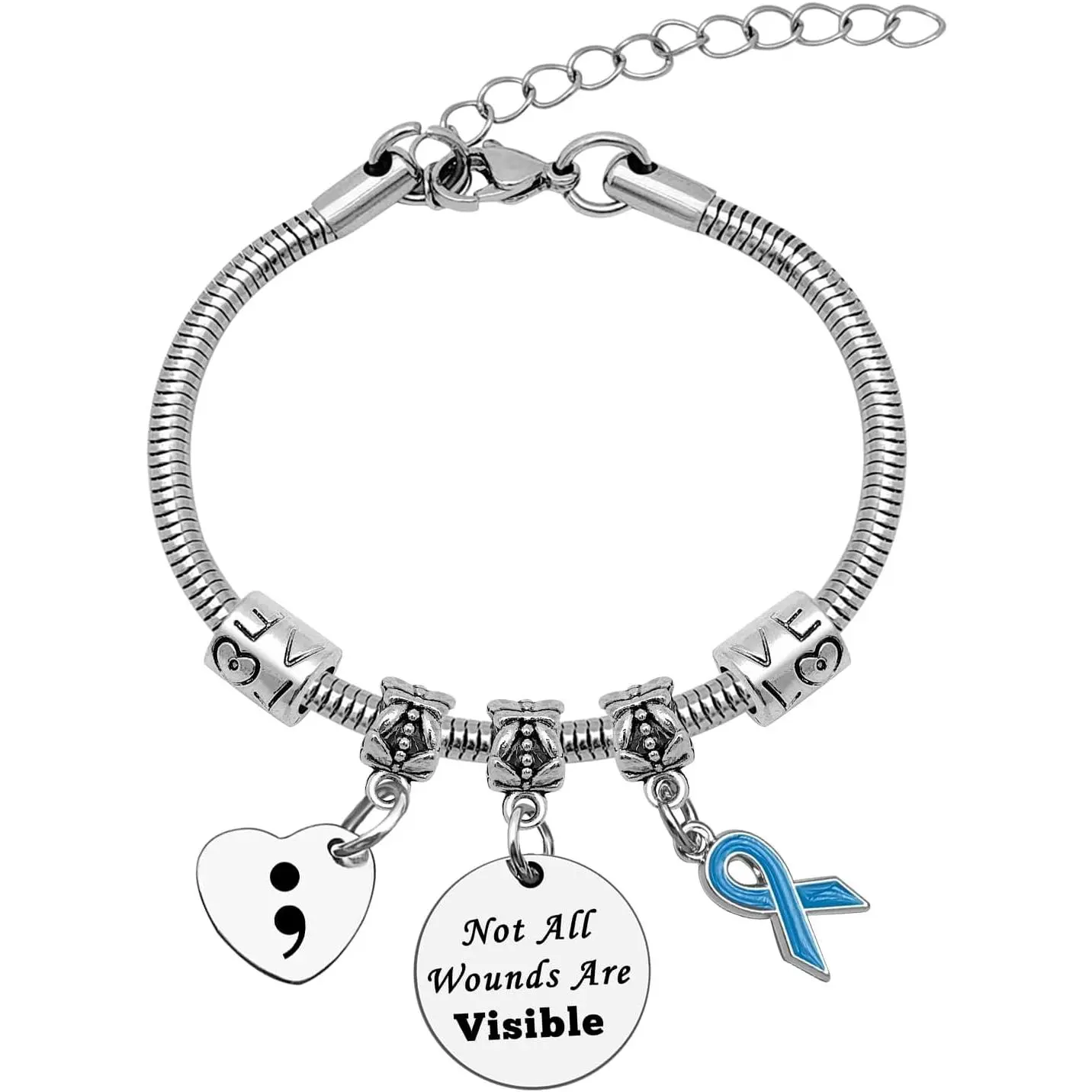 Semicolon  Mental  Gifts for Women Bracelet PTSD Awareness Ribbon Bracelet Depression Awareness  Inspirational  for  Mom Sister Cancer  Gifts