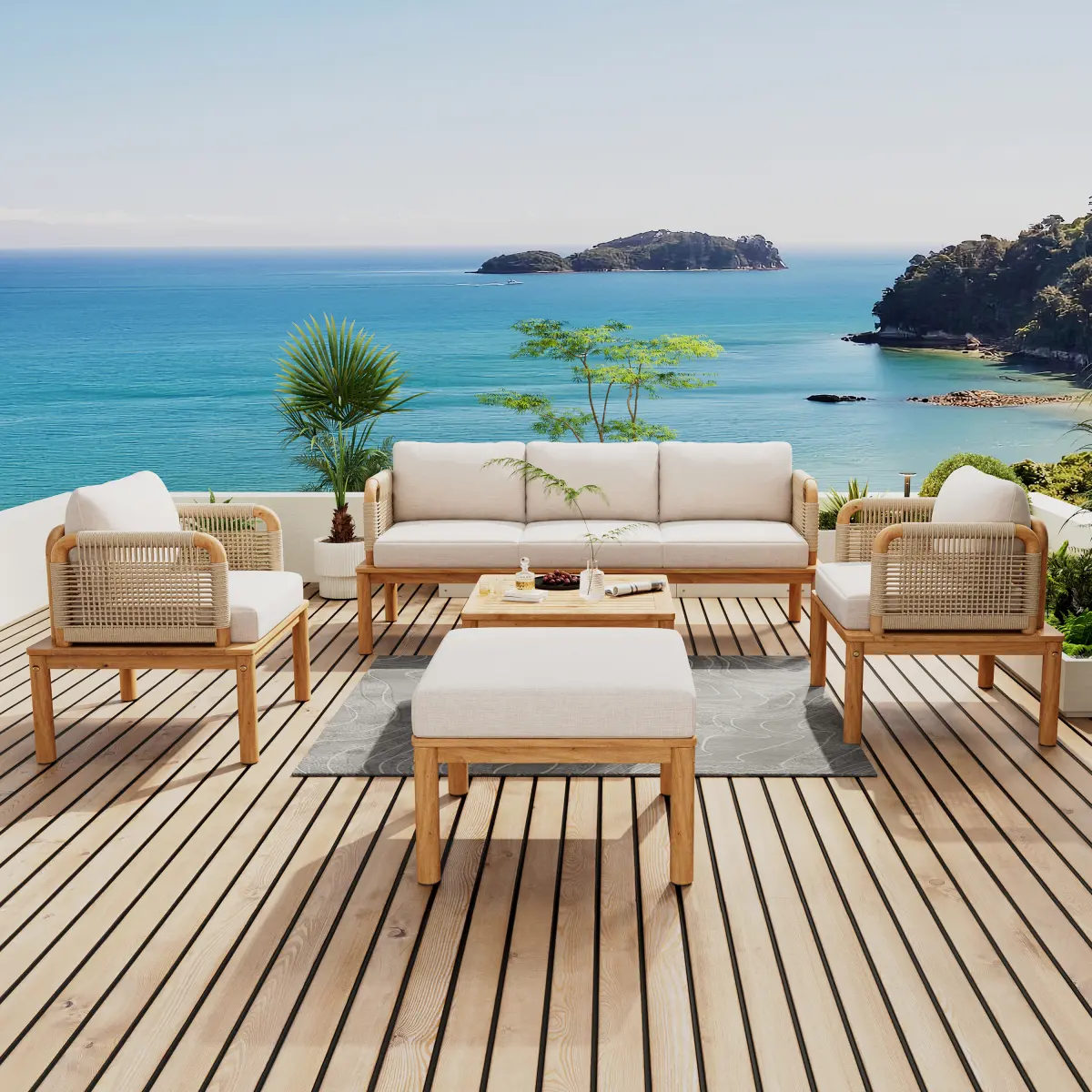 Aobtkel 5-Piece Acacia Wood & Rope Patio Sofa Set - Outdoor Patio Furniture Sets with Clean Lines, Rope Weave, Water-Resistant Construction