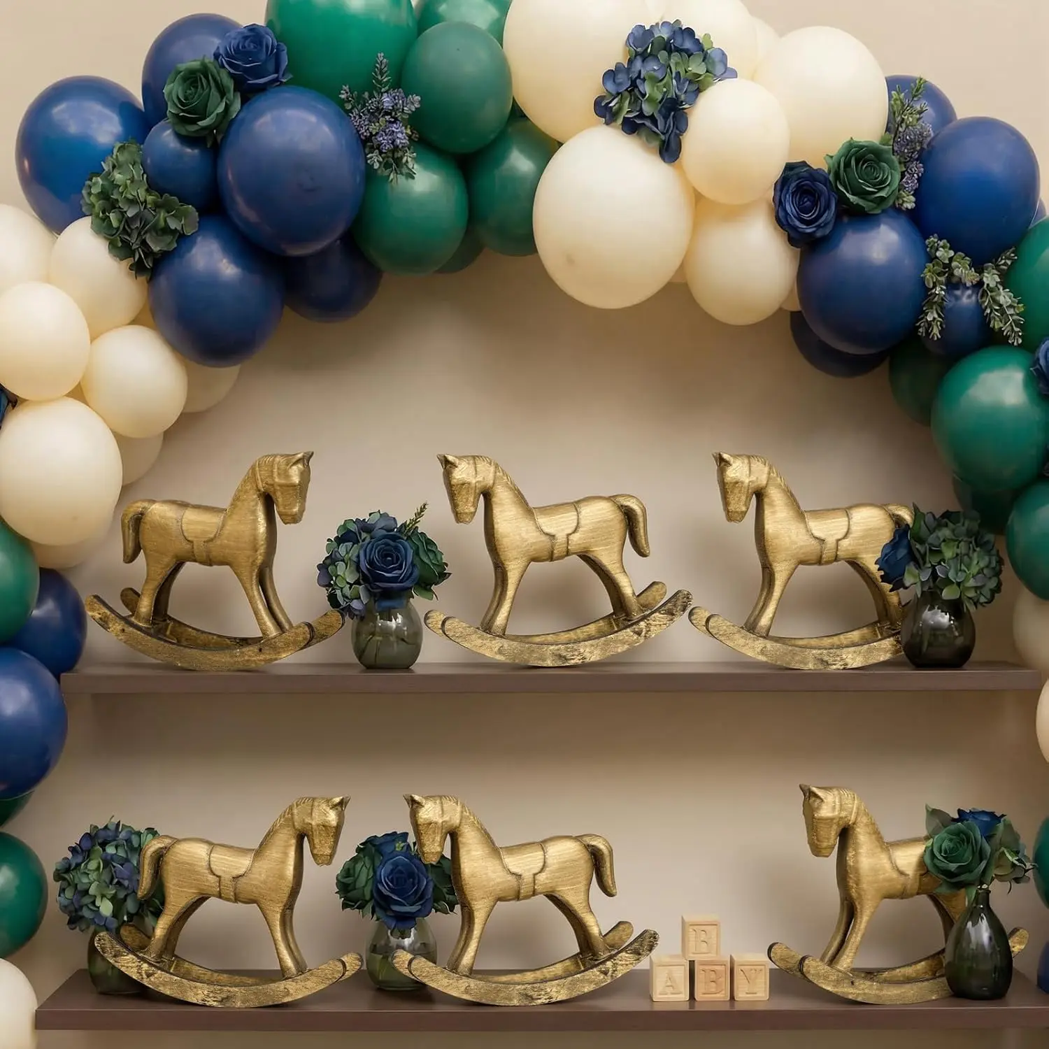 Vicenpal 6-Pack Brown Wooden Vintage Rocking Horse Table Decoration Set for Blue-Green Tartan Plaid Party Centerpieces, Baby Shower, Wedding & Birthday Festive Decor
