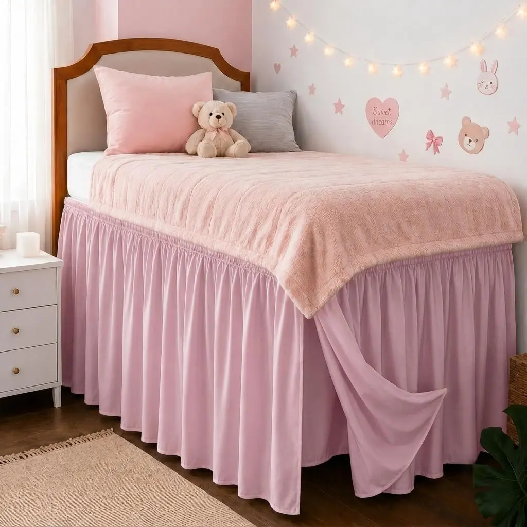 Dorm Bed Skirt Twin XL 32 Inch Drop with Split Corner, Easy to Install Long Wrap Around Elastic Dust Ruffle, Dusty Pink Bedskirt Machine Washable, Bedroom Decor