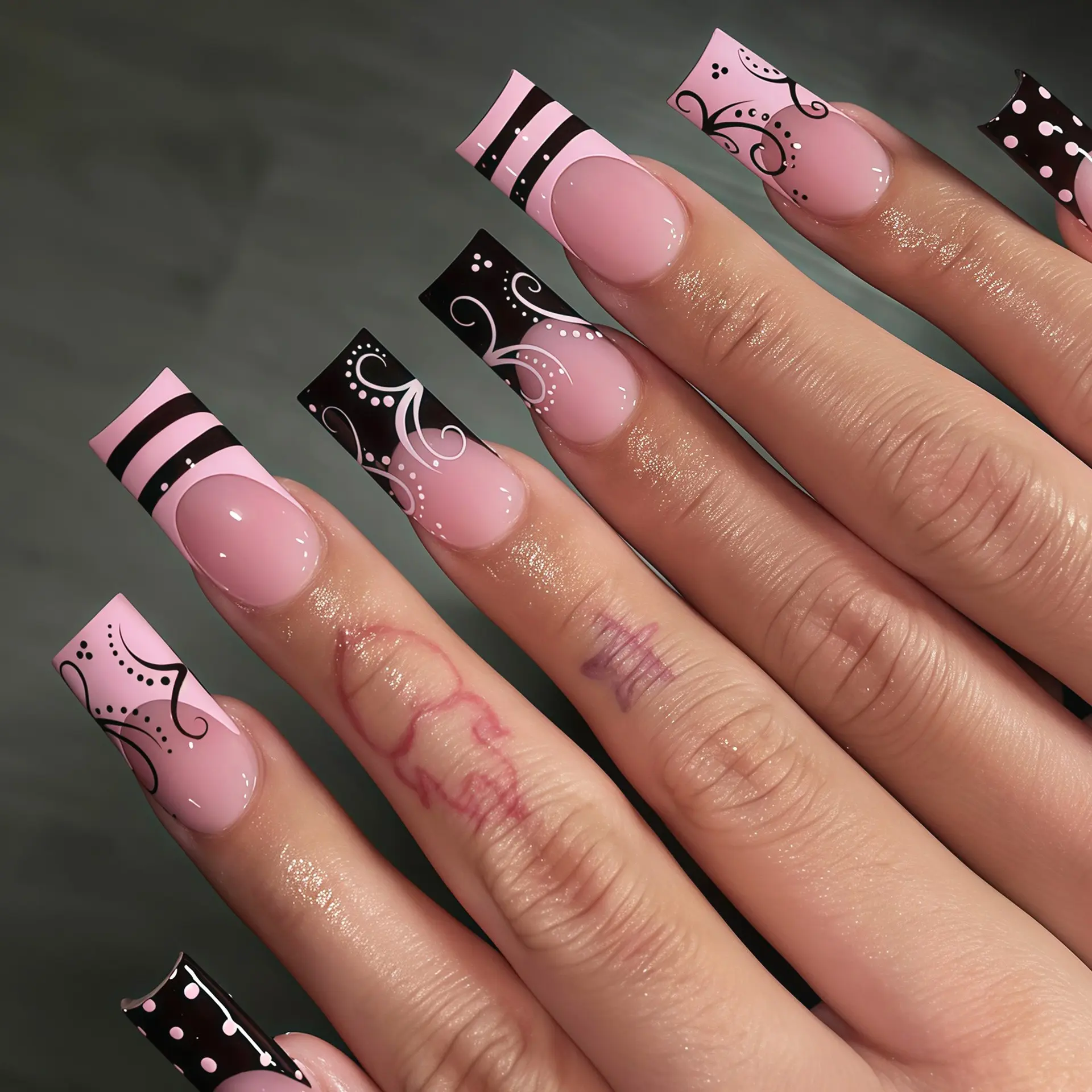 🔥Save $200 at Salon! Y2K Pink & Black Swirl Press On Nails | Long Square French Tip Coquette Acrylics 🖤