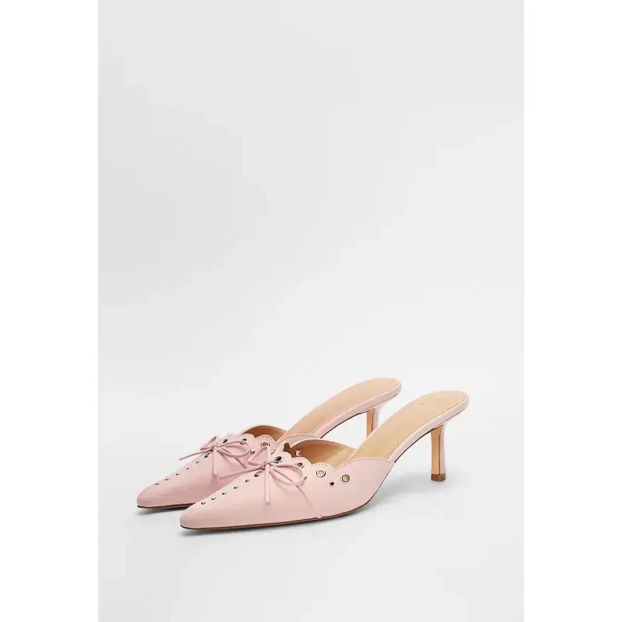 JUST FAB Women's Elegant Eco Leather Kitten Heel Mules - Pointed Toe Slip-On Footwear for Date Nights, Narrow-Friendly Scalloped Bow Dress Shoe, Women's Shoes, Bow Detail, Kitten Heels For Women