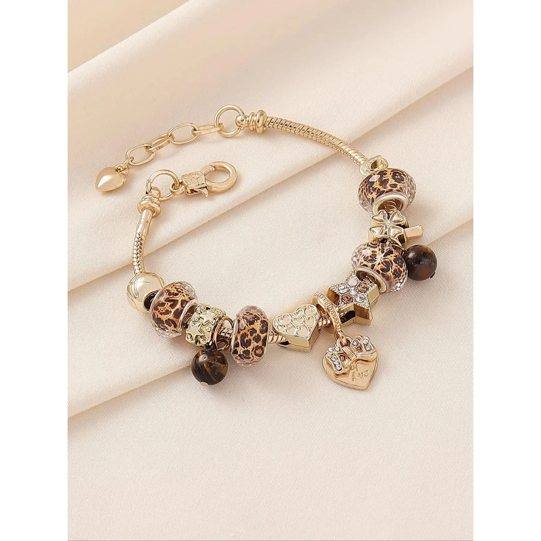 Women's Leopard Print Beaded Bracelet with Bow, Heart, Clover and Tiger Eye Stone, Trendy Fashion Jewelry, Heart Shaped Bracelet, Heart Charm Bracelet, Copper Bracelets, Exquisite Bracelet, Perfect for Parties, Nights Out and Daily Wear