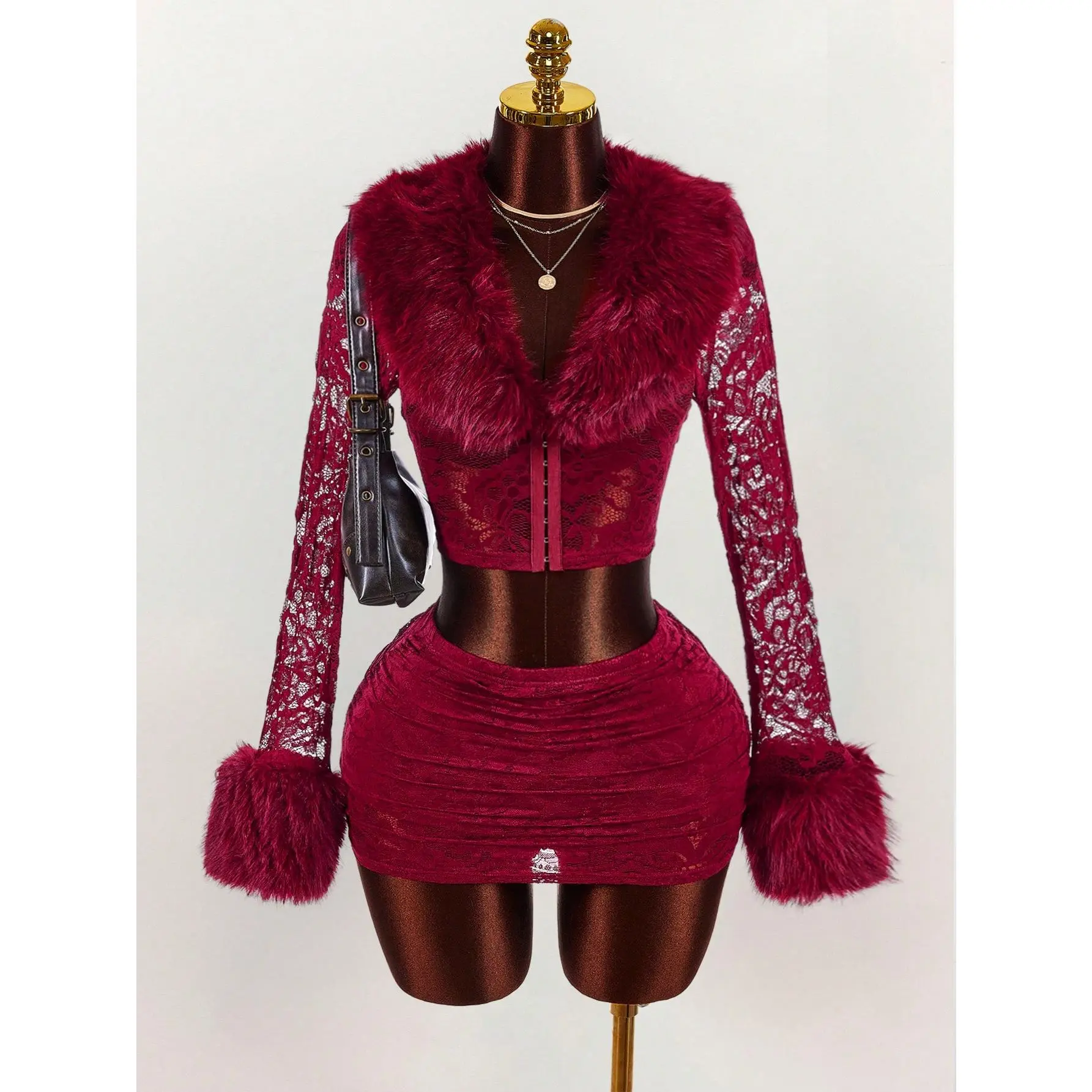 2 Piece Y2k Club Outfits Faux Fur Long Sleeve Lace Crop Top and Skirt Sets