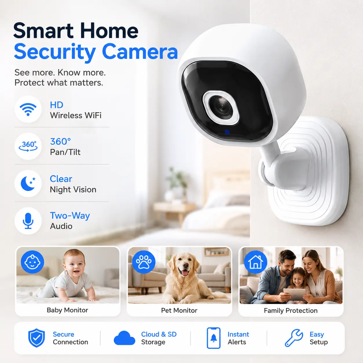 HD Wireless WiFi Indoor Security Camera with 360° Pan/Tilt Rotation, Clear Night Vision and Two-Way Audio, Smart Home Monitoring Camera for Babies, Pets, Family, Bedroom and Living Room Use