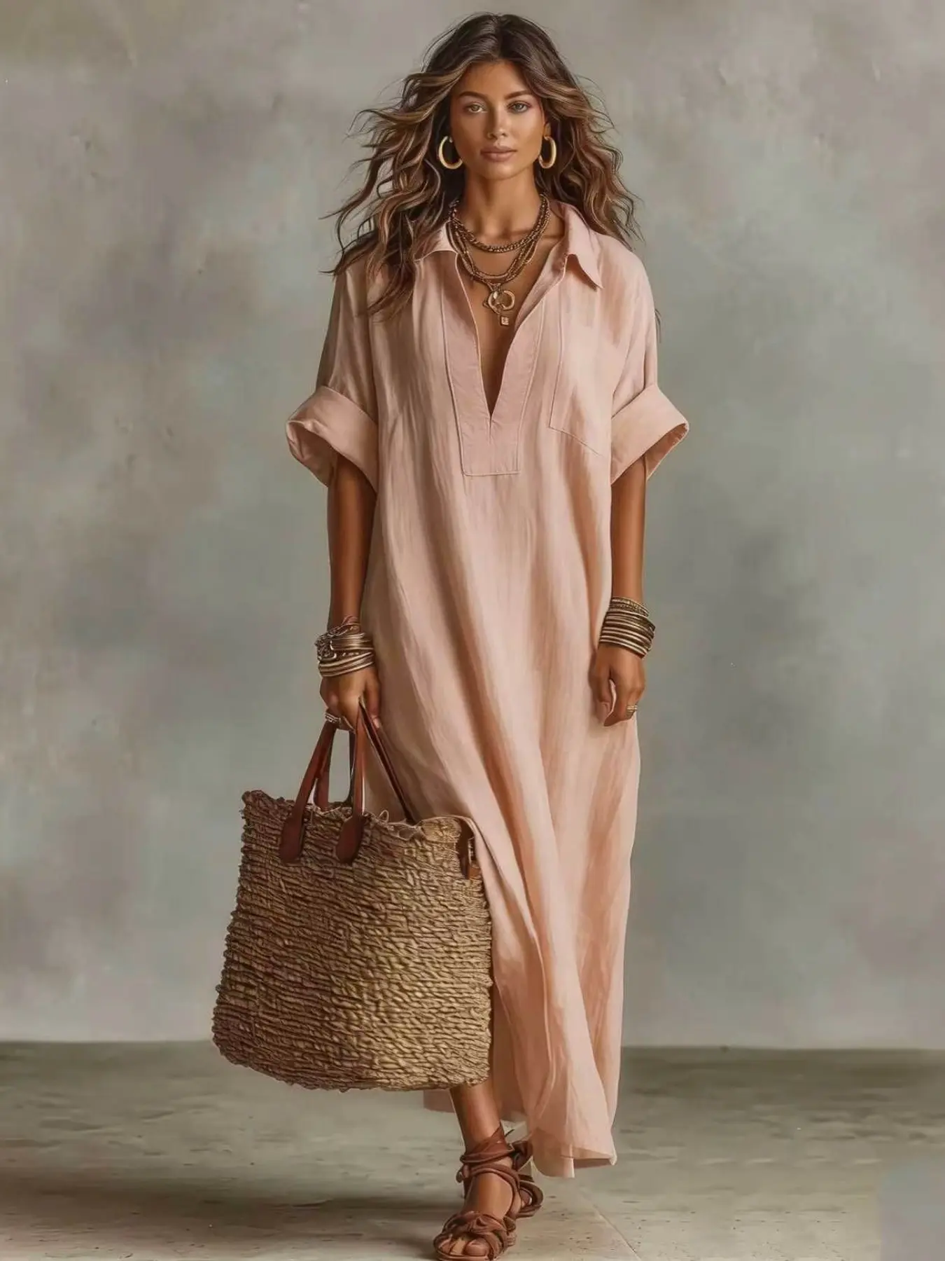 2026 Autumn New Arrival, Women's Bohemian Maxi Dress, Casual V-Neck Shirt Dress, Loose-Fit Half-Sleeve Long Dress, Beach Vacation Cover-Up