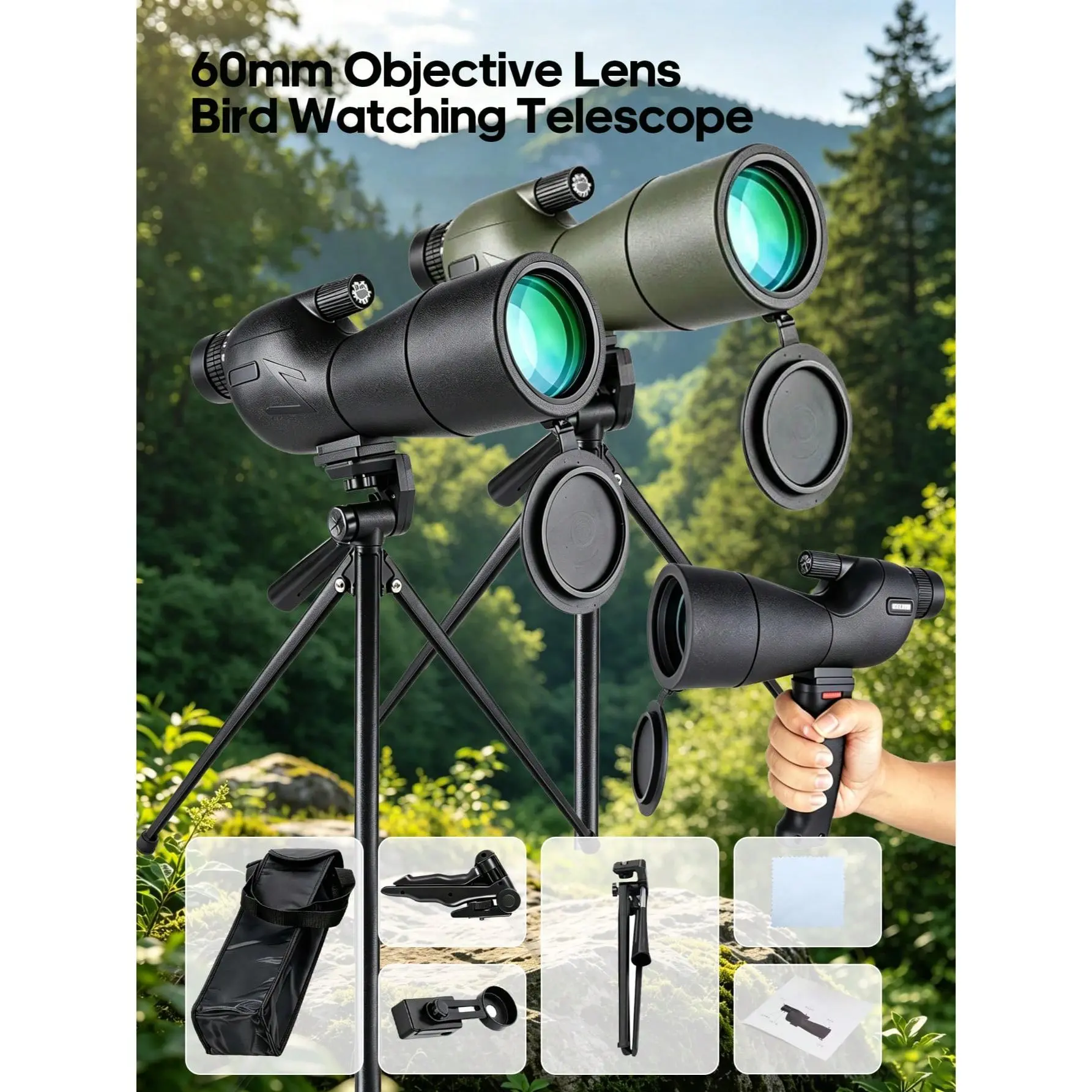 Unisex 60mm Monocular Scope, Waterproof ABS Plastic with Tripod Mount and Phone Adapter for Outdoor Sports and Bird Watching