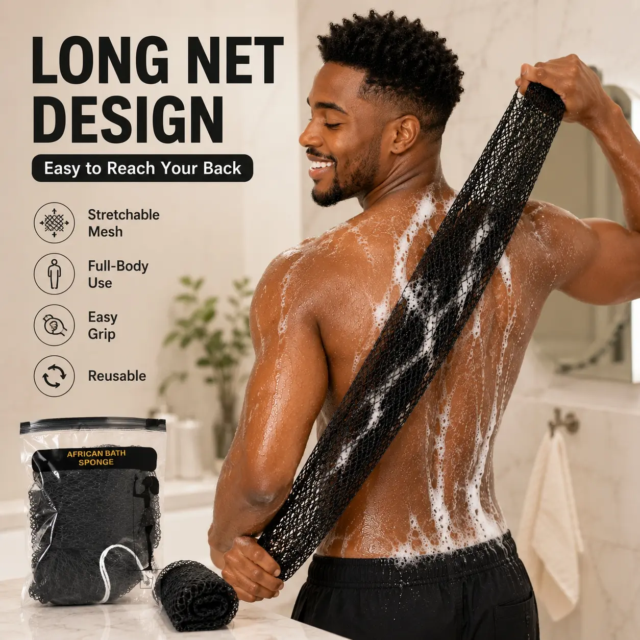 Authentic African Exfoliating Net Sponge for Men, Ethically Sourced from Nigeria, Quick Dry Reusable Long Shower Body Scrubber, Deep Skin Exfoliation Bath Mesh, Shower Back Scrubber
