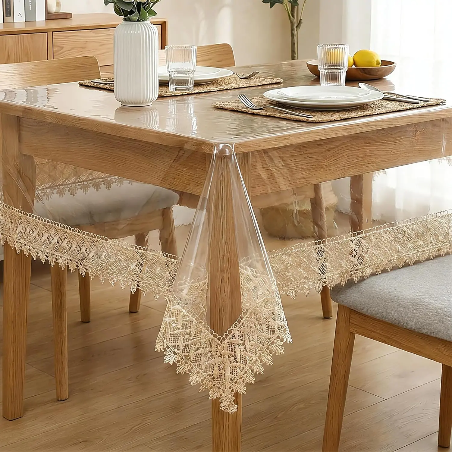 Clear Plastic Table Cover Protector Vinyl Clear Table Protector 55" x 86",6-8 Seats  Oil Proof Rectangle Table Cloth Protector for Dining Table Parties Camping  Clear Lace Tablecloth