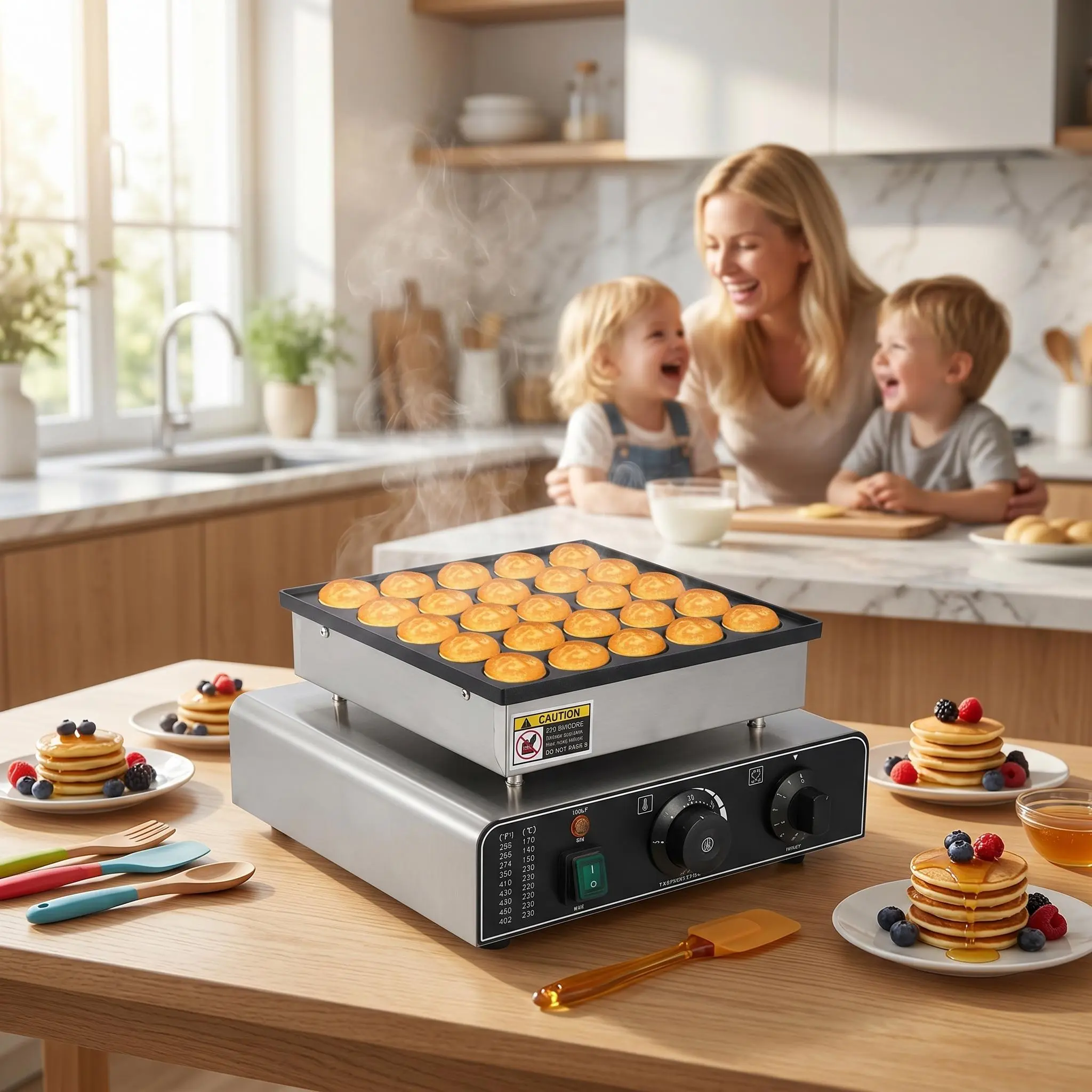 GARVEEMini Muffin & Dutch Pancake Maker, 25-50 Hole Stainless Steel Electric Machine, Non-Stick Surface, 1.8" Diameter, 50-300°C Temp & Time Control, Ideal for Home & Restaurant Use, 850W, 110V
