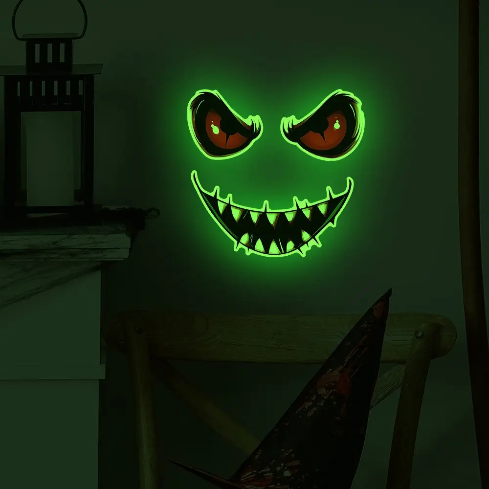 Night Glow Evil Happy Face Sticker, Neon & Ghost Decor, Self-Adhesive Halloween Party Decoration, Easy Tear Design