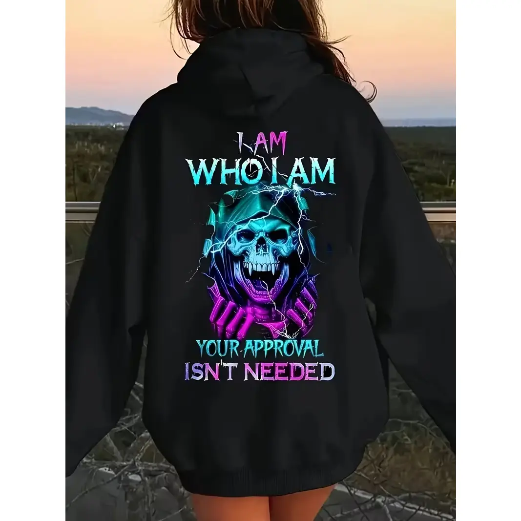 Skull Grim Reaper Lightning Graphic Oversized Comfort Cotton Fashion Hoodie Outfit, I Am Who I Am Your Approval Isn’t Needed Cool Gothic Sweatshirt, Perfect Valentine’s Day Gift For Him Her, Ideal Holiday Present For Friends Family Punk Lovers Casual Dail