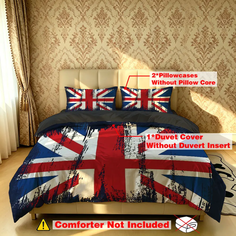 The 3-piece British flag-patterned bedding set includes one duvet cover and two pillowcases, without fillings. It is soft and comfortable, suitable for single beds and double beds, and ideal for use in bedrooms, dormitories, and hotels.