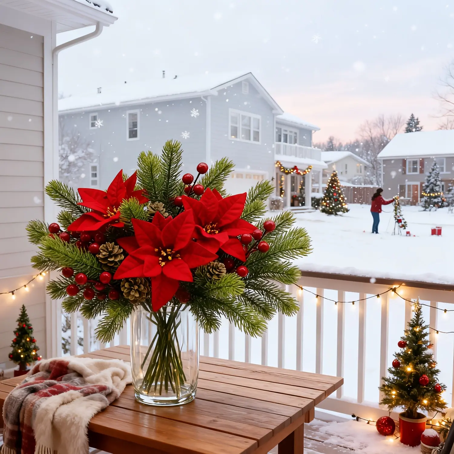High-End Poinsettia Pine Branch Artificial Faux Decorative Flowers with Fake Cones and Berries, Holiday Decor for Home, Christmas, DIY Events, Winter Decoration
