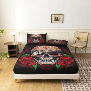 3Pcs Gothic Tattoo Style Skull Fitted Bed Sheet, Red Rose Pattern Microfiber Bedding Set, Decor Bedding Supplies, For All Season Home Family Dormitory Hotel Mattress ( No Pillow)