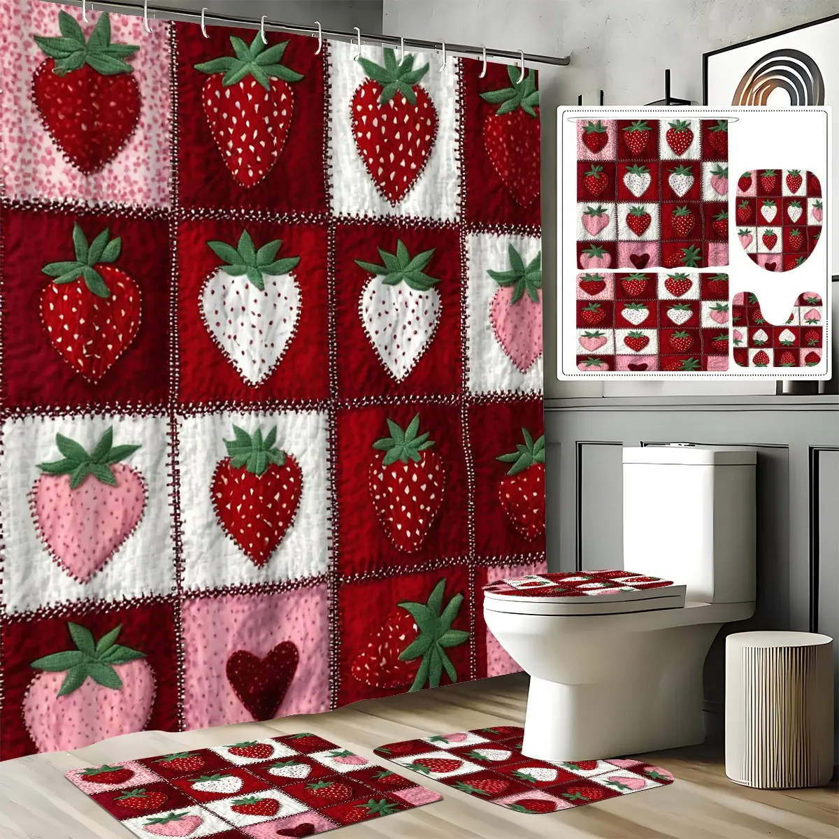 Strawberry Bath Curtain Set | 4pcs Creative Printed, Modern Bathroom Decoration And Accessories, Summer Furniture Decorations, Durable Anti-slip Bathroom Floor Mat, U-shaped Carpet, Toilet Seat Pad, No-punching 70.9*70.9in Bathroom Partition