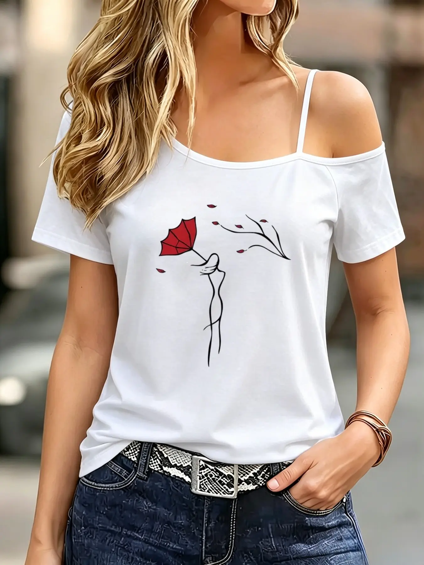 Women's Asymmetrical Neckline T-Shirt, Casual Short Sleeve Top, Heart Pattern, Fashionable and Versatile, All Seasons, Summer