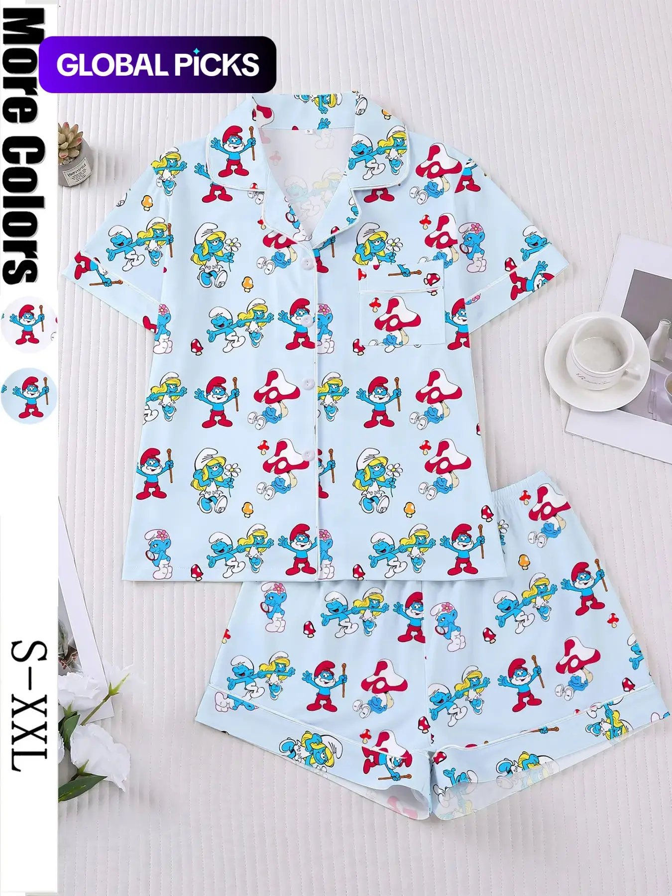 Women's Elf Print 2-Piece Sleepwear Set, Cartoon Print Sleepwear, Short Sleeve Button Front Top and Elastic Shorts, Comfortable Casual Homewear & Loungewear, Festive Pajamas