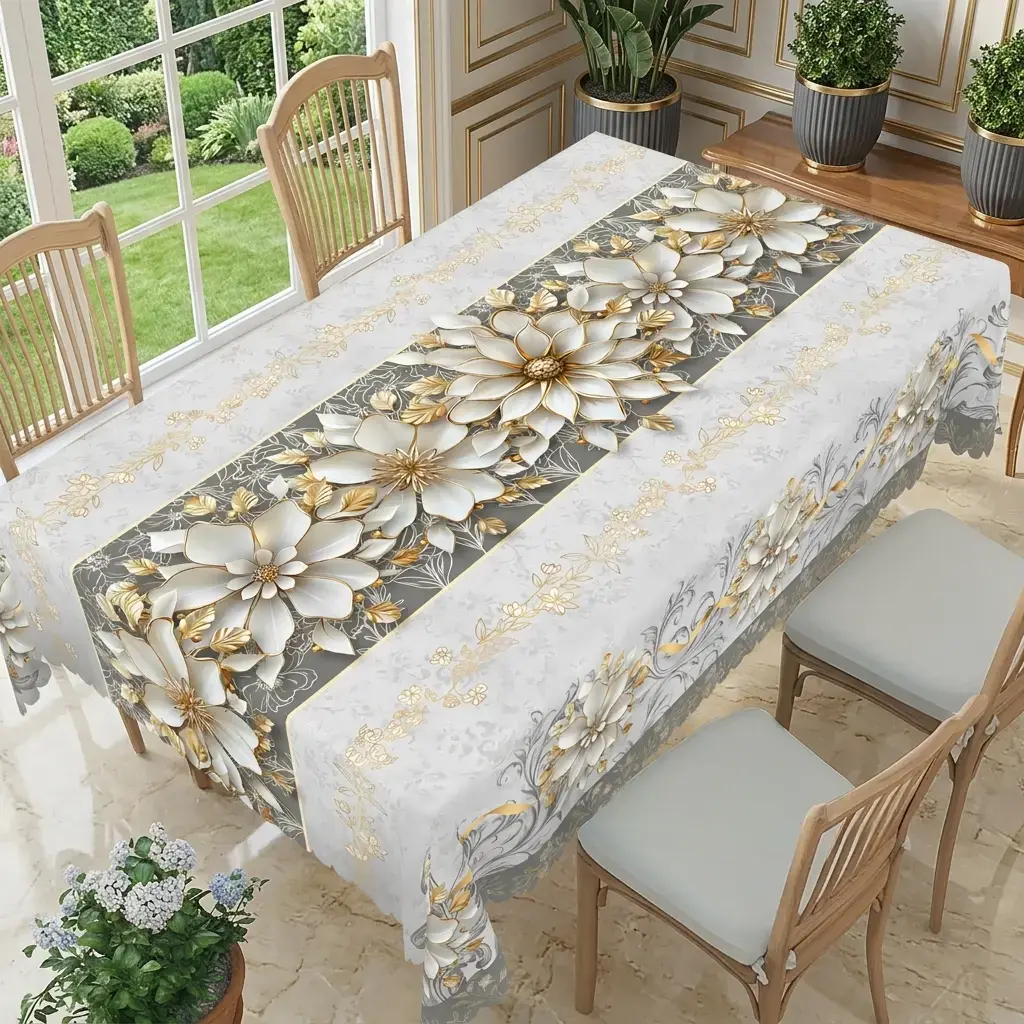 Elegant White & Gold Floral Polyester Tablecloth, Rectangular Dining Table Cover with Gray Botanical Print, Luxury Home, Party & Wedding Decor