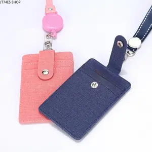 Retractable Lanyard PU ID Card Holder, Linen Grain Multi-Slot Work Badge Holder Bus Card Wallet Office School Accessory