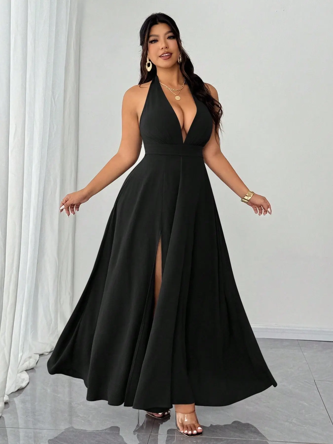 Plus Size Women's Halter Deep V Maxi Dress, Sleeveless Empire Waist, High Slit Flowy Formal Gown, Curvy Wedding Guest Dress, Evening Cocktail Party Dress