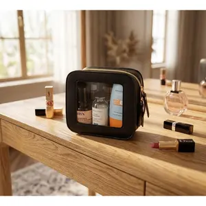 [HUOMAQFAN] Clear Waterproof Cosmetic Organizer Bag with Gold Zipper, Portable Black Travel Toiletry Pouch, Home Organizer Storage Bag for Purse Carry-on Essentials