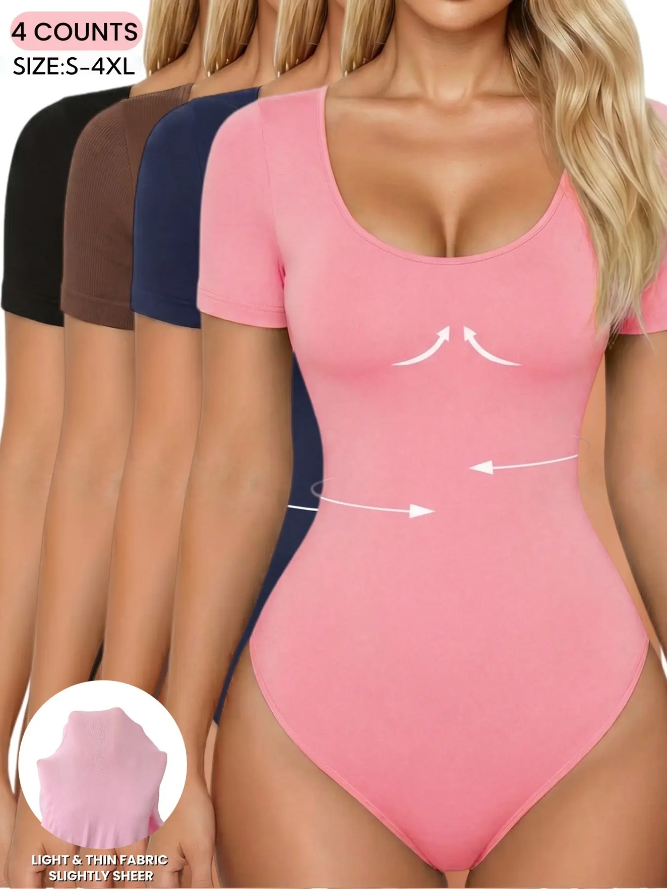 S-4XL,Women's Shapewear for All Seasons, Compression Body Shaping, Ribbed Abdomen Control Bodysuit, Short Sleeve Cropped Seamless T Shirt, Comfortable Scoop Neck BodySuit Tops, Fit Soft Elastic Fabric, Perfect For Daily Wear and Going Out