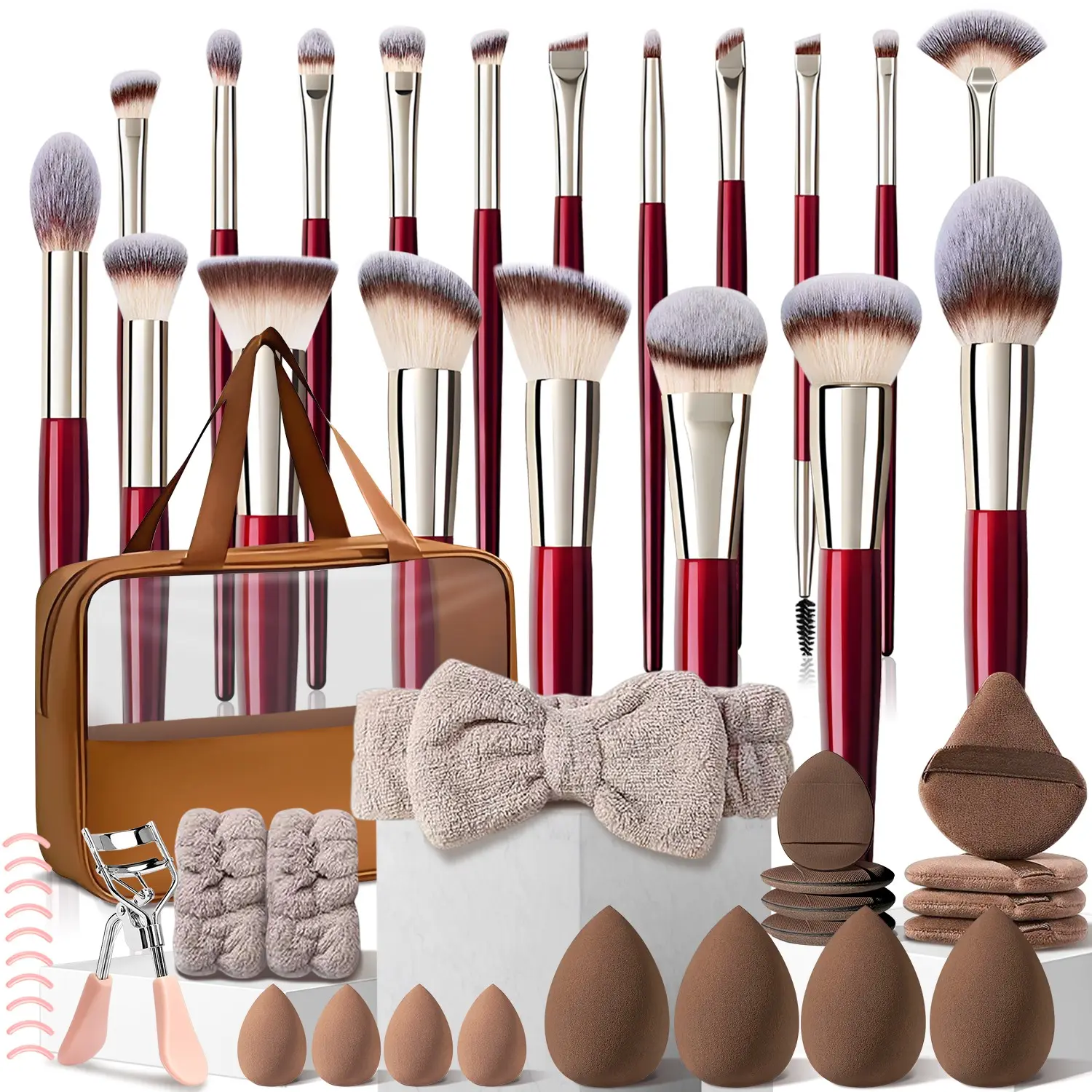 50pcs Makeup Brush Kit, 19Pcs Red Cosmetic Brush + StoreBag + Makeup Sponges + Triangle Powder Spray + Hair Strap + Eyelash Clips, Great Gift for Women, Perfect for Full-Face Application, Home Use & Gift Giving