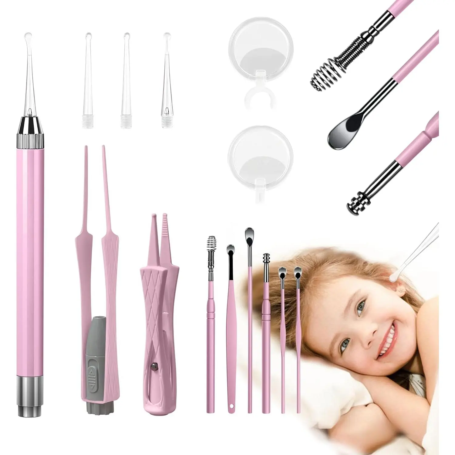 15 Pack Ear Wax Removal Tool Kit with Light - LED Ear Cleaning Kit, Ear Wax Removal for Kids and Adults, Ear Cleaning Tool, Ear Picker Spoon & Ear Tweezers & Spiral Spring Ear Spoon