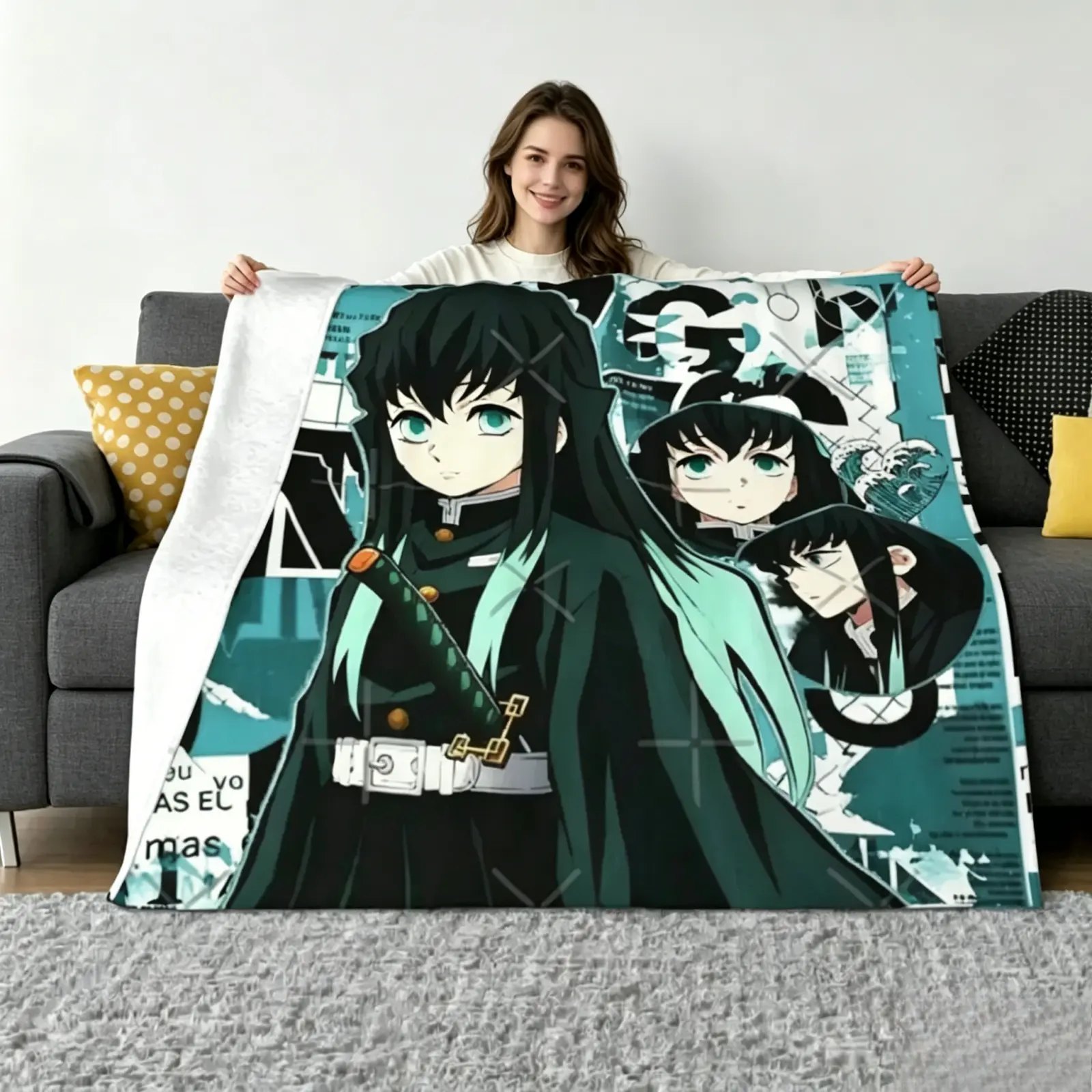 Muichiro Tokitou Plush Bed Blanket Demon Slayer Manga Print Throw, Warm Soft Flannel Blanket Bedspread, All Season Anime Cozy Blanket for Winter Spring Summer Fall, Gifts for Kids & Teens, Easter Christmas Halloween Spring Anime Room Home Decor