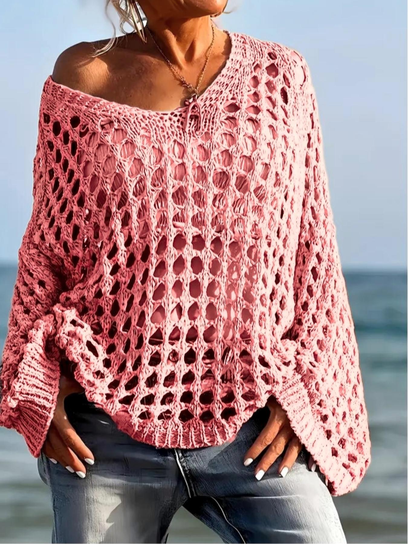 Women's Casual Everyday Loose-Fit V Neck Top, Hollow Out Design, Polyester Knit Fabric, Hand Washable, All Season Wear, Knitwear, Summer