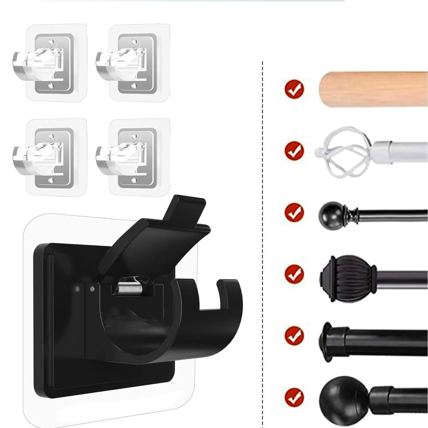 No-Drill Multipurpose Curtain Rod Holder Brackets, 8 Pack Modern Transparent Self-Adhesive Wall Mounts, Plastic & Stainless Steel for 0.39-0.78 in Rods, Hooks, Metal, Gift, Installation, Ceramic