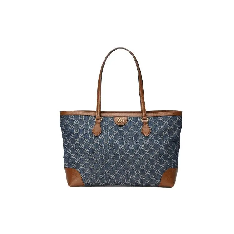 Gucci Ophidia Vintage GG Logo Tote Bag for Women, Denim and Leather, Grey-Blue and Brown