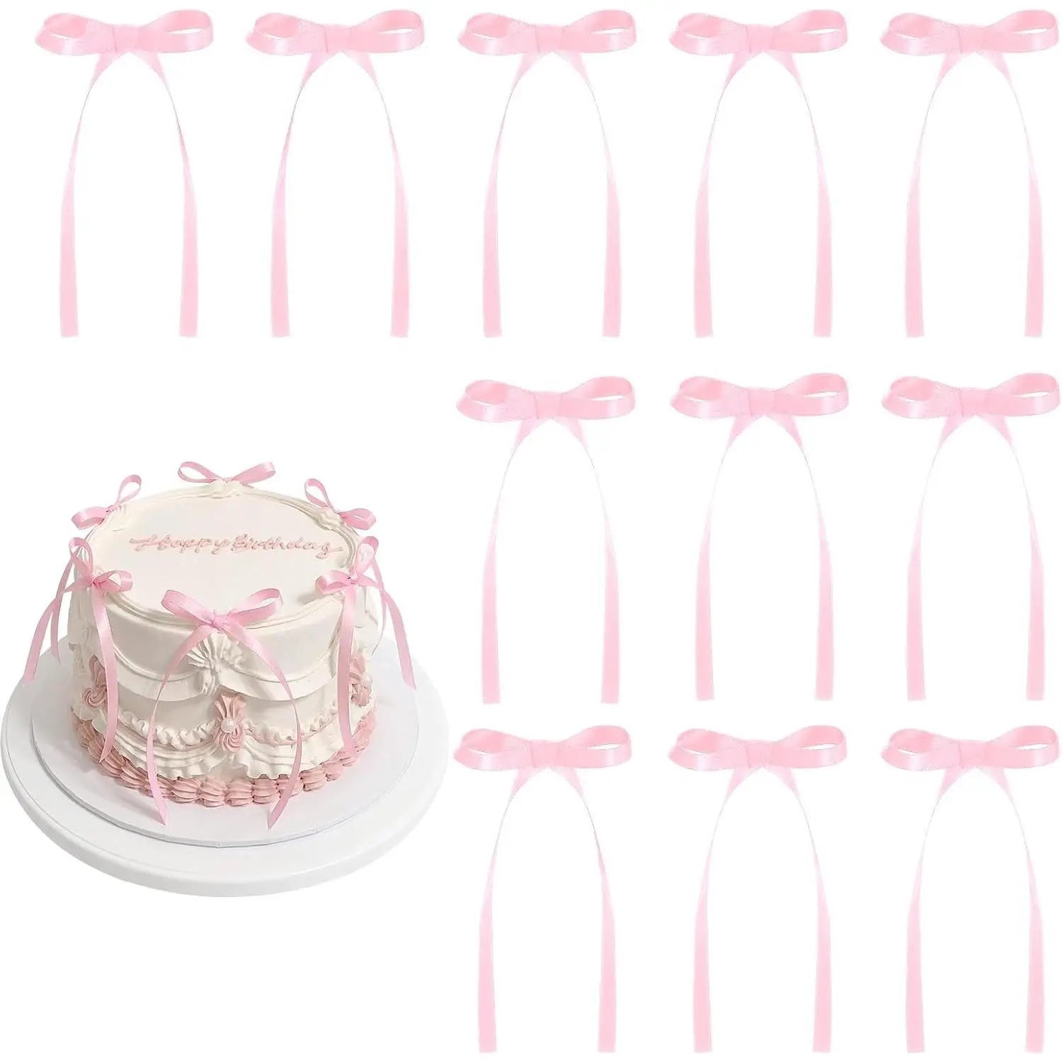 30-Pack Coquette Themed Pink Ribbon Bow Cake & Cupcake Toppers for Birthday, Baby Shower, Wedding Party Decorations, Cupcake Topper