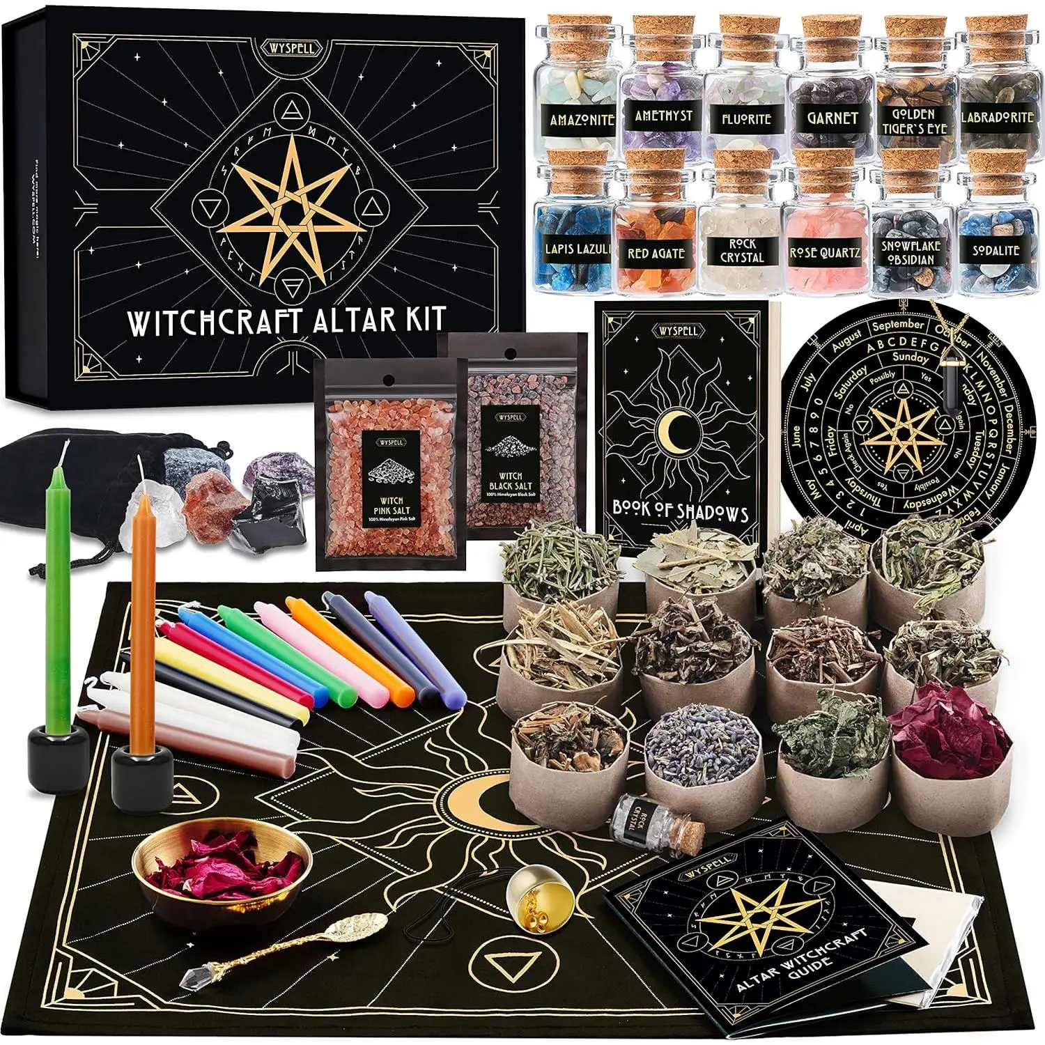 Wyspell Large Witchcraft Kit 77 PCS - Witch Altar Spell Set - Wiccan Supplies & Tools - Witchy Gifts for Beginners: Spell Candles, Dried Herbs, Crystals, Stones, Cloth, Pendulum, Bowl & Spoon