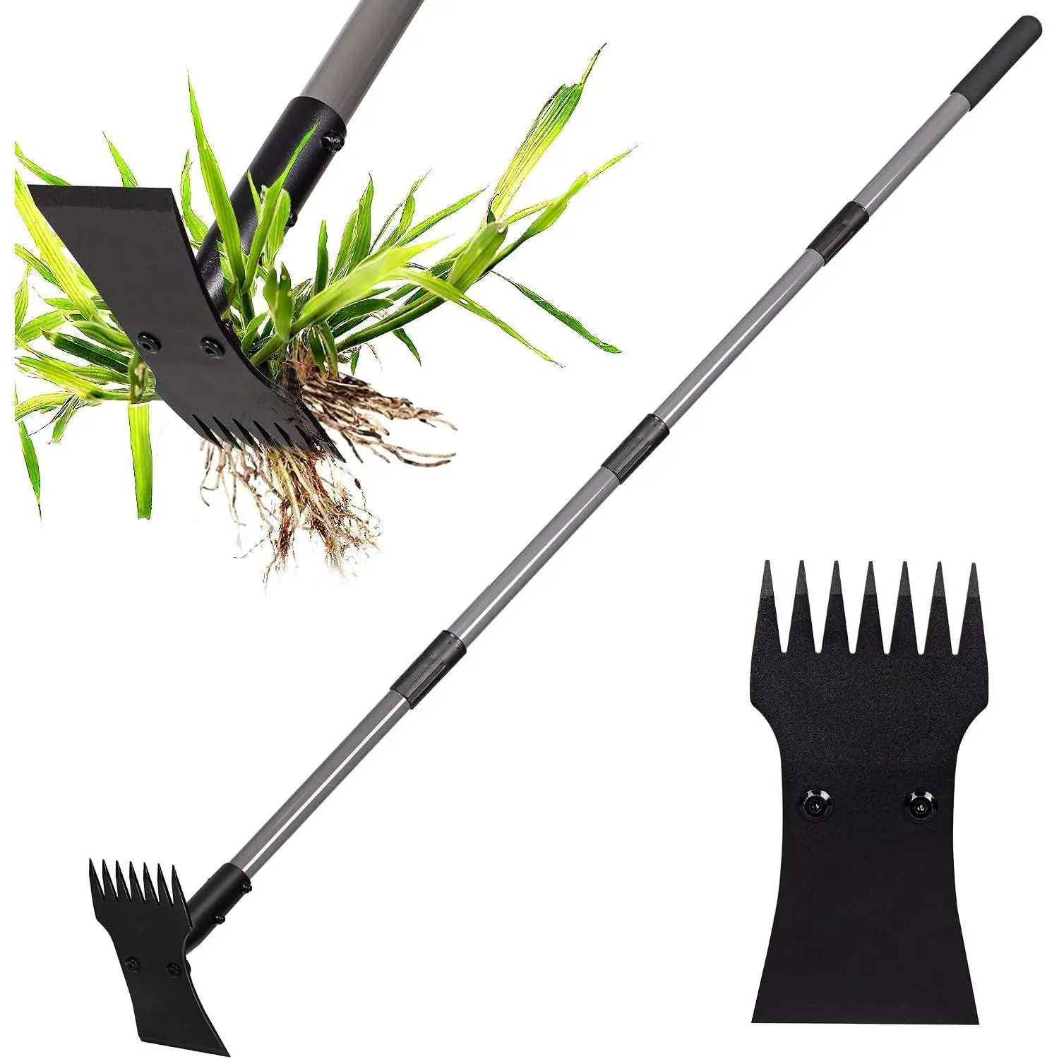 2-in-1 Weed Puller Tool and Garden Hoe, Long Handle Weed Rake | Durable 3.5mm steel , 64-inch adjustable handle.  design    while removing deep-rooted weeds.