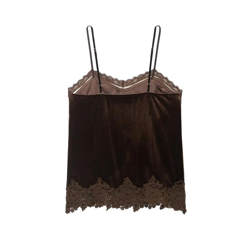 Aria Muse Women Fashion Velvet Lace Patchwork Sling Top Sleeveless V Neck Tank Tops 2026 Summer Trend High Street Lady Chic Tops