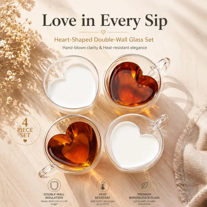 4 pack heart shaped double wall borosilicate glass mugs hand blown insulated transparent coffee tea cups drinkware romantic gift for couple wedding anniversary
