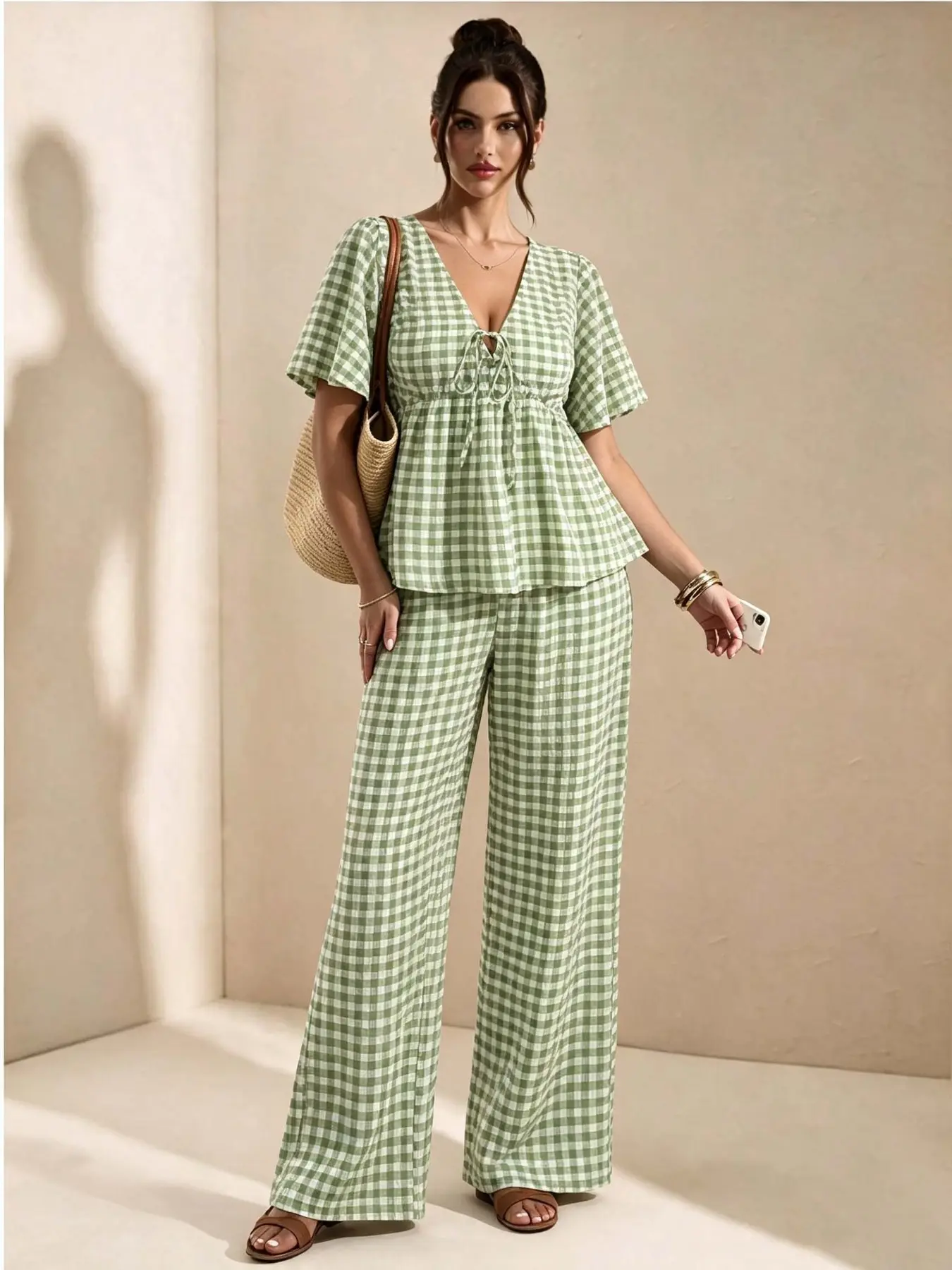 Women's Plus Size Two-Piece Set, Outfit, Matching Summer New European Style, Elegant Casual, Plaid Check Gingham Tie Short Sleeve Blouse Shirt and Wide Leg Pants
